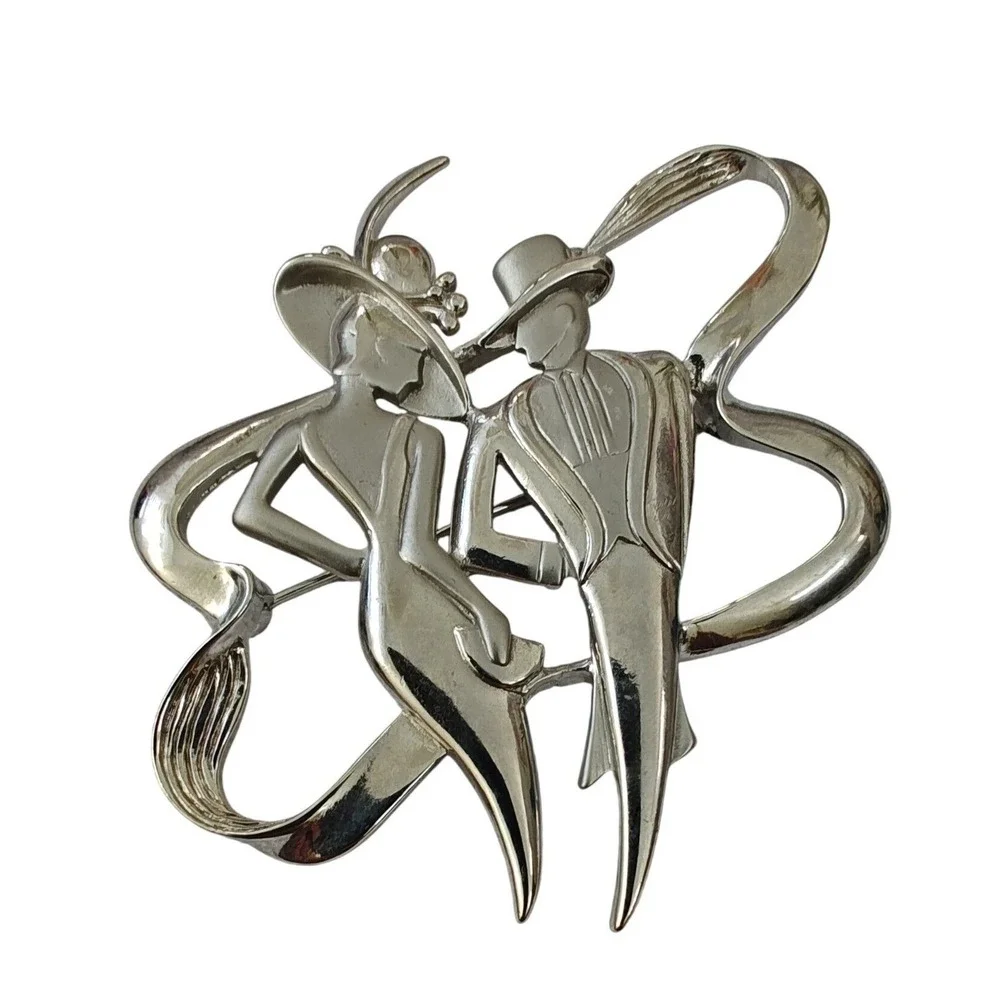 Brooch‎ Silver Jonette Jewelry JJ Vintage Art Deco Couple Formal People Pin